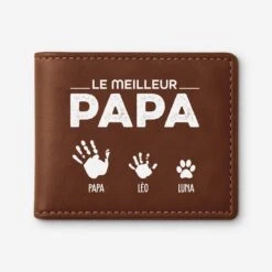 Portefeuille Cuir Personnalisé - Meilleur Papa - Empreintes De Mains