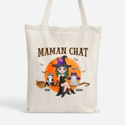 Maman Chat Sorcière Avec Son Balai - Tote Bag Chat Personnalisé Pour Halloween