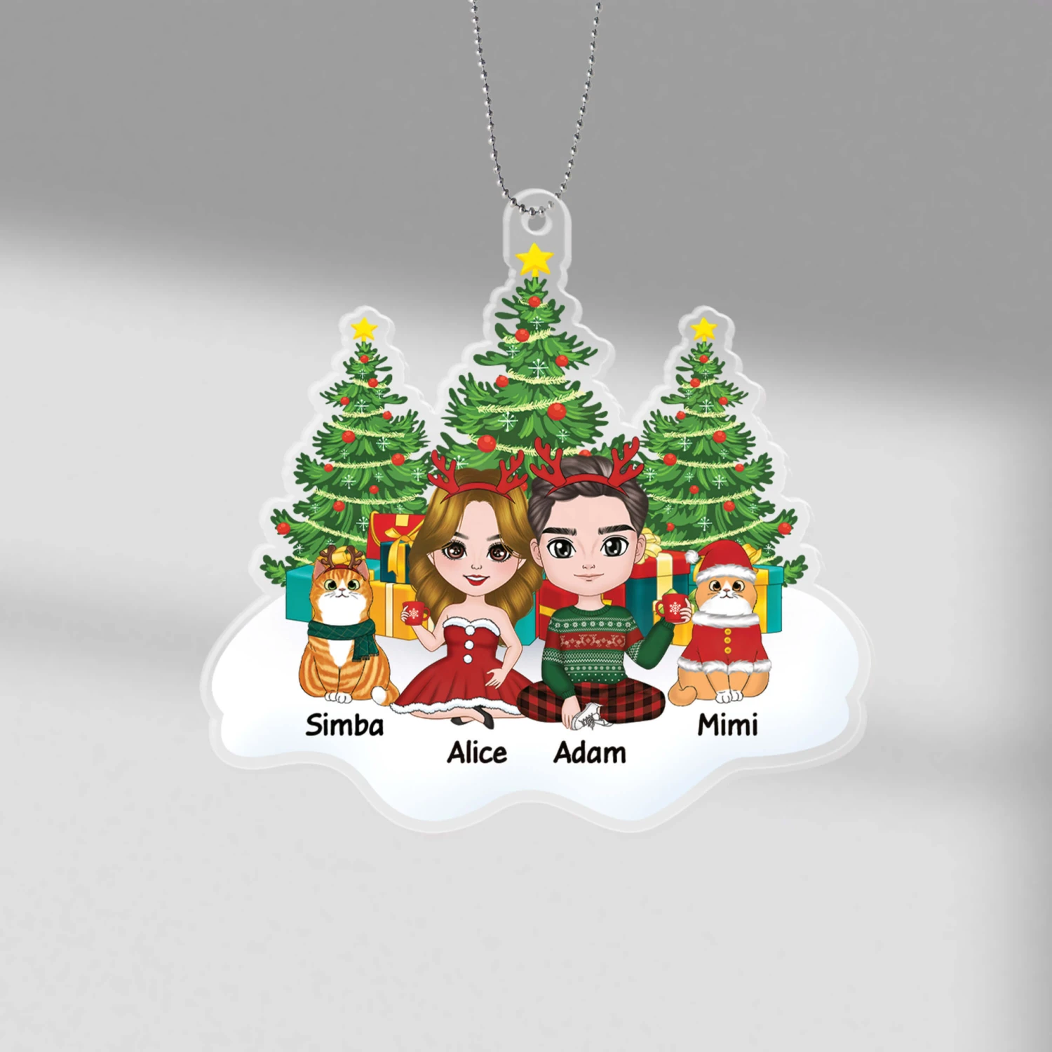 Ornement Couple Et Chats Assis Sur La Neige Personnalisé 3 Ornement Couple Et Chats Assis Sur La Neige Personnalisé