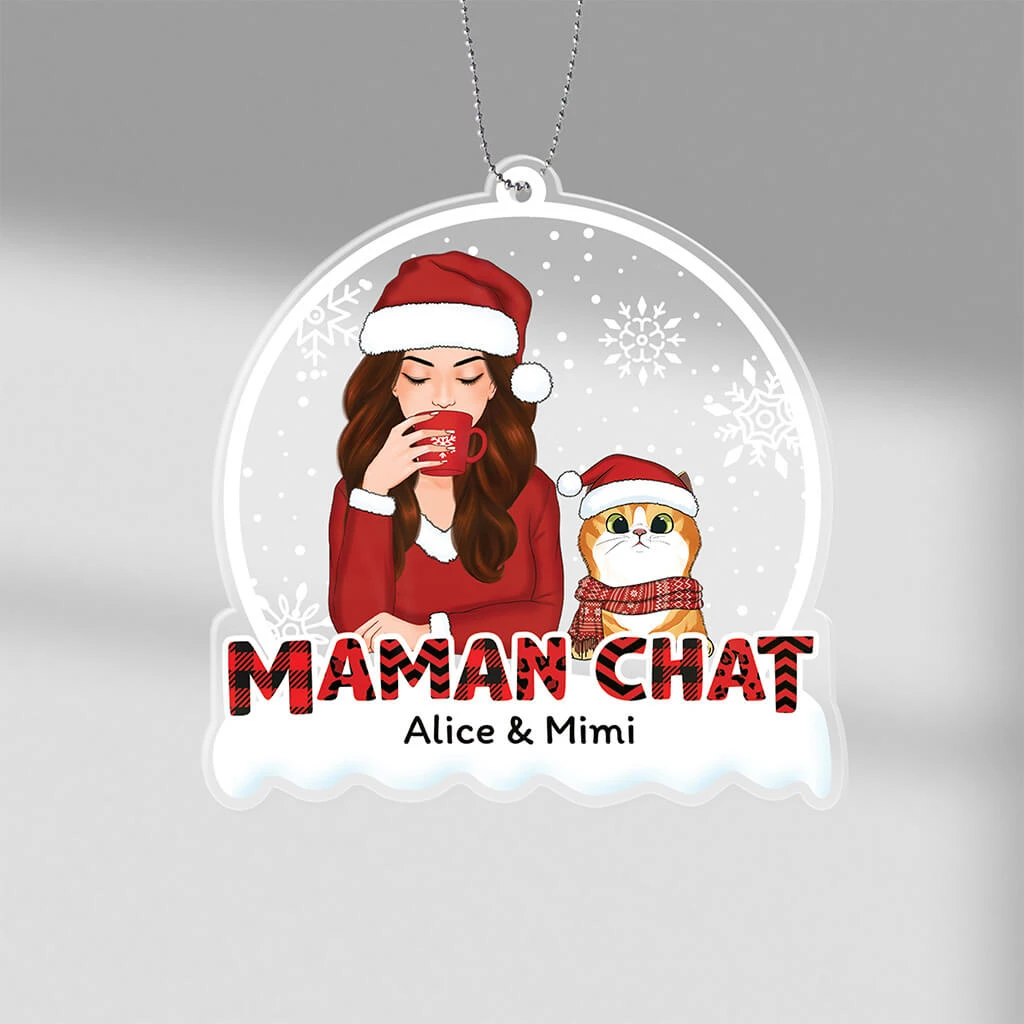 Ornement Maman Chat Motif Noël Rouge Personnalisé 3 Ornement Maman Chat Motif Noël Rouge Personnalisé