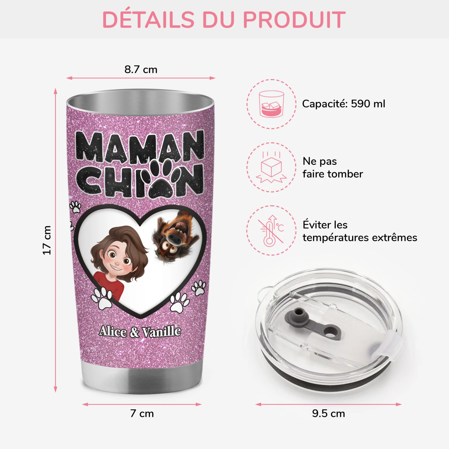 Mug Isotherme 590ml Personnalisé - Maman Chien Cœur - Paillette 5 Mug Isotherme 590ml Personnalisé - Maman Chien Cœur - Paillette – Image 3