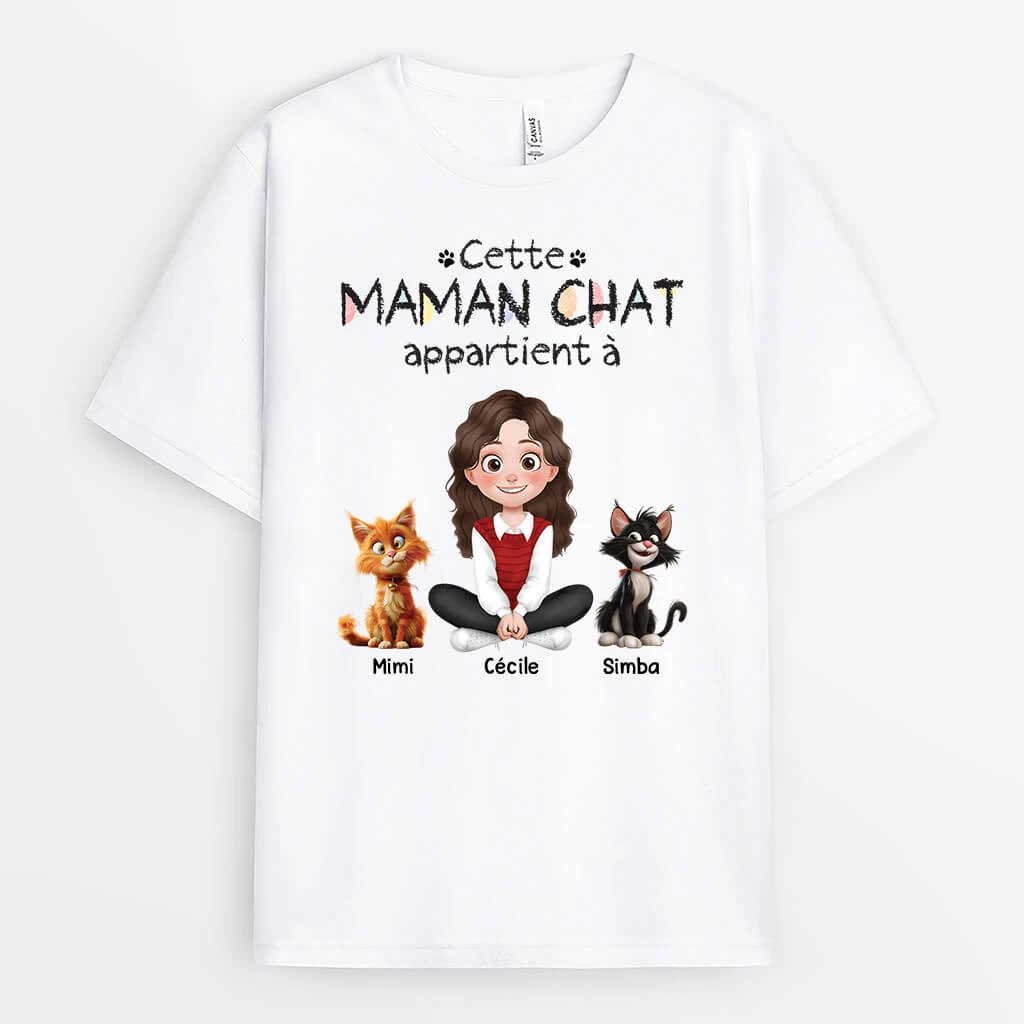Tee Shirt Personnalisé Chat - Cette Maman Appartient À - Design Cartoon 3 Tee Shirt Personnalisé Chat - Cette Maman Appartient À - Design Cartoon