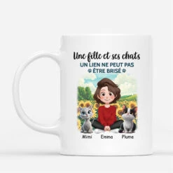 Mug Personnalisé - Une Fille Et Son Chat - Design Cartoon Avec Tournesol