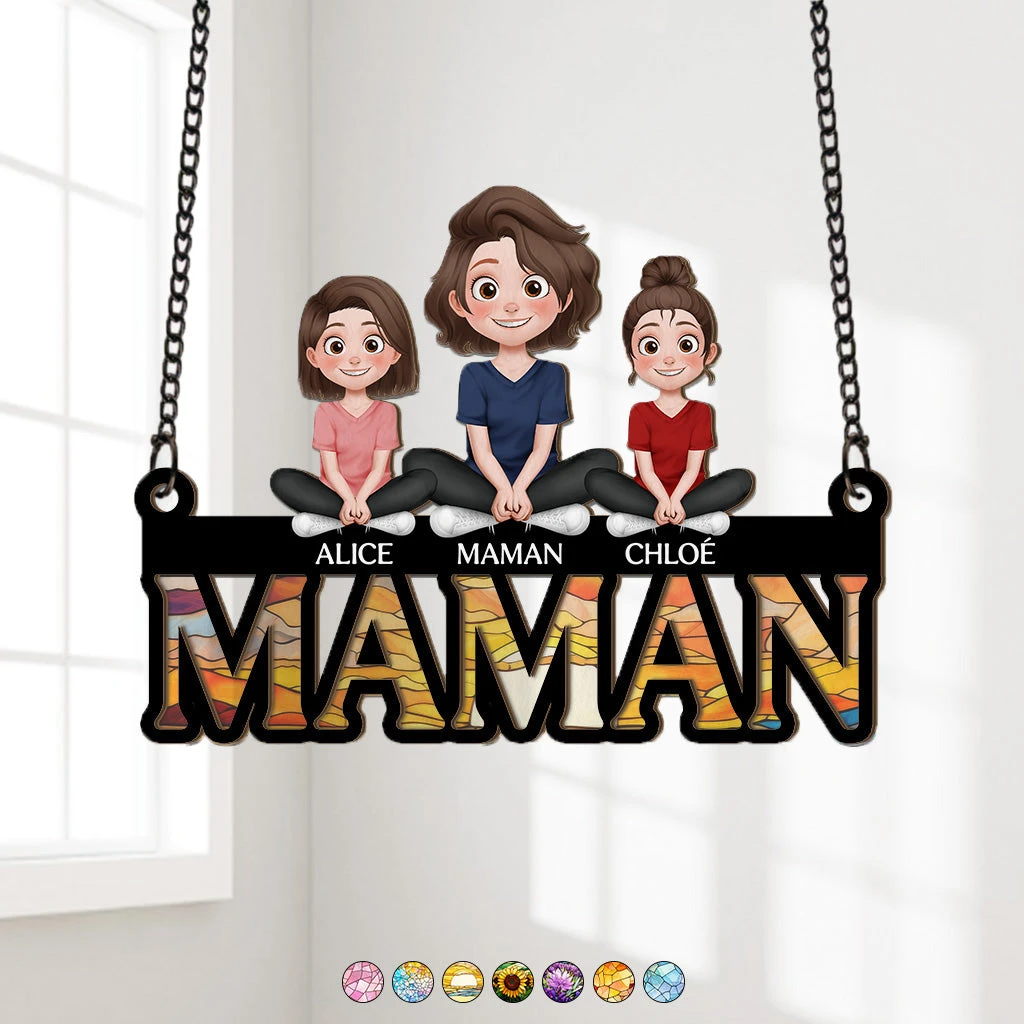 Attrape-soleil Vitrail Personnalisé - Maman - Design Cartoon 3 Attrape-soleil Vitrail Personnalisé - Maman - Design Cartoon