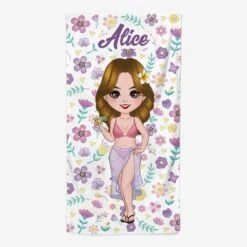 Serviette De Plage Personnalisé Femme Avec Fleurs Violettes
