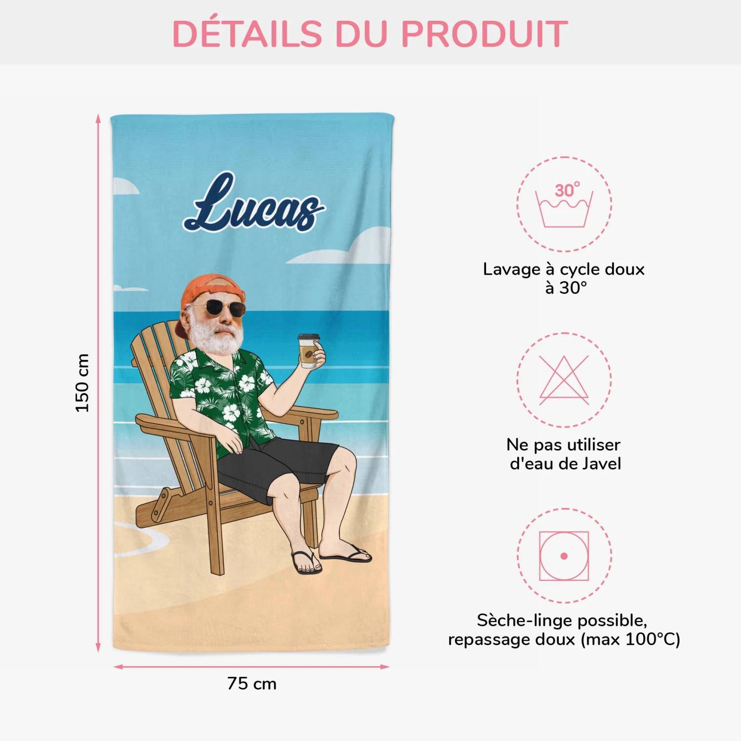 Serviette De Plage Personnalisée - Homme Relaxant - Visage 5 Serviette De Plage Personnalisée - Homme Relaxant - Visage – Image 3