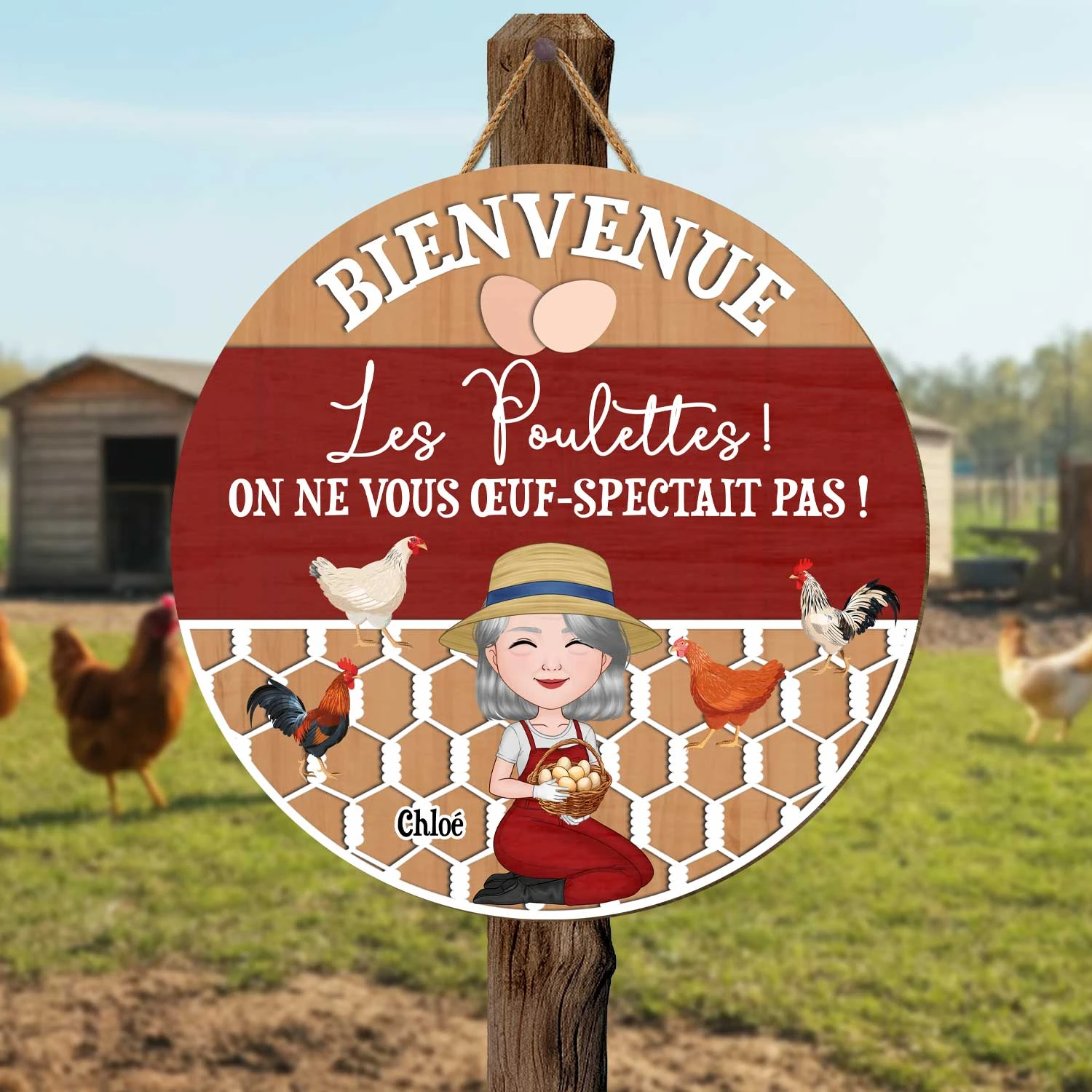 Plaque En Bois Personnalisée À Suspendre - Bienvenue Les Poulettes 4 Plaque En Bois Personnalisée À Suspendre - Bienvenue Les Poulettes – Image 2