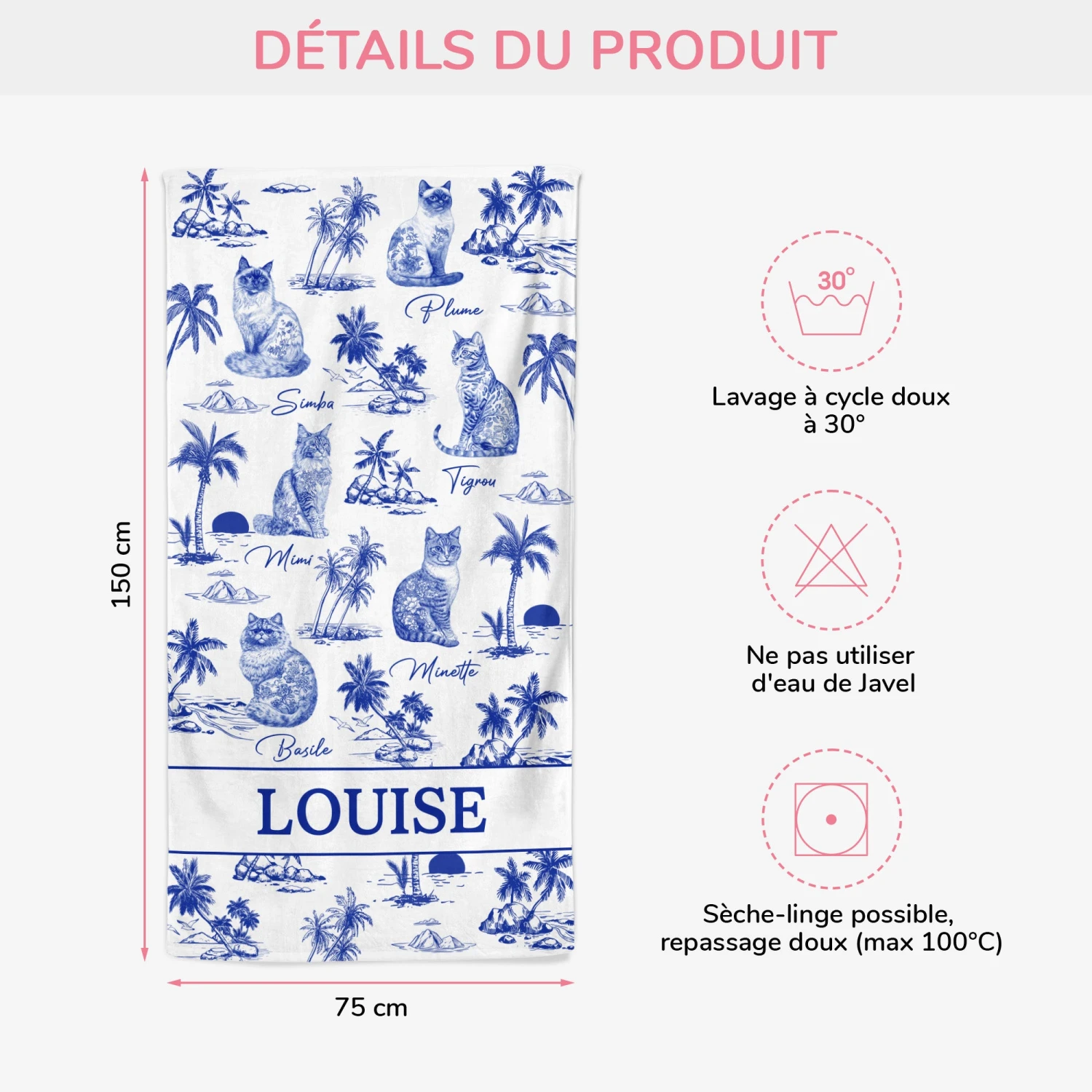 Serviette De Plage Personnalisée Avec Chat - Style Blue-Toile 5 Serviette De Plage Personnalisée Avec Chat - Style Blue-Toile – Image 3
